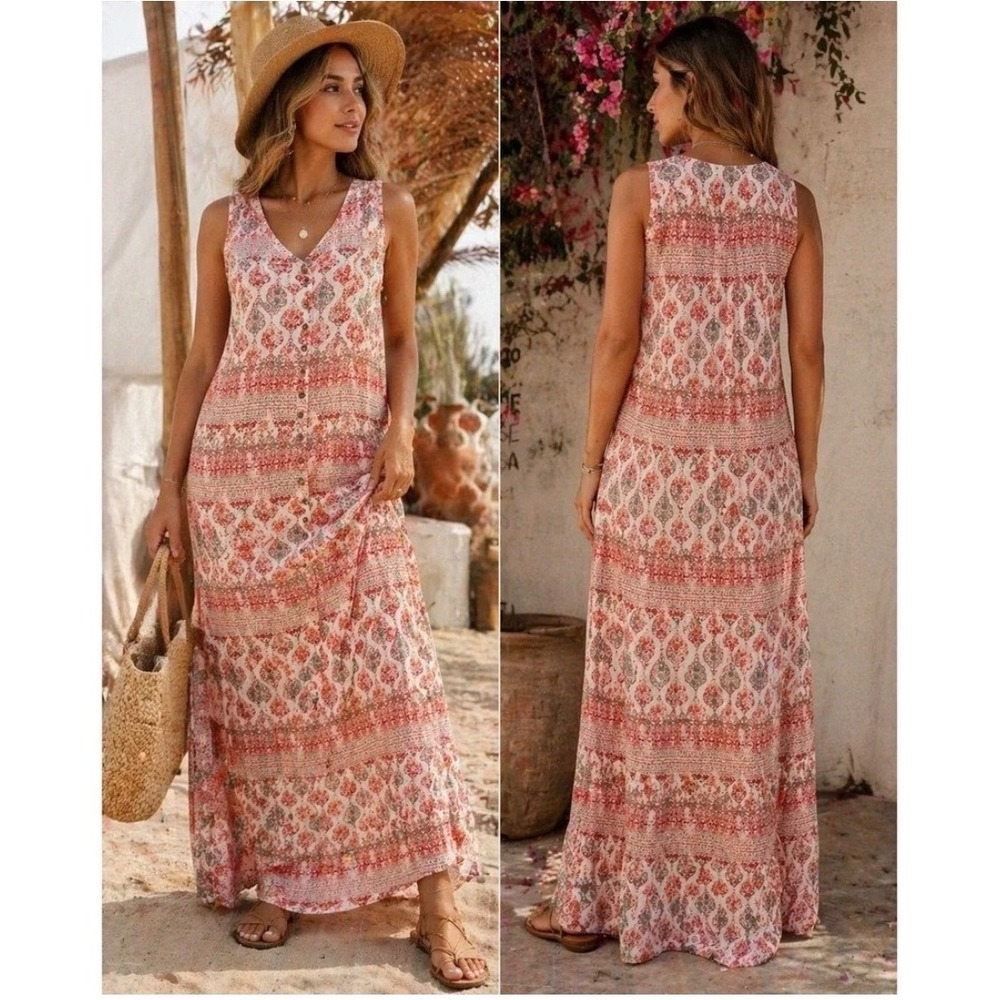 Roxy Feel Like Summer Maxi Dress XL Pink Paisley Boho Button Front